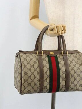 GUCCI GG Supreme Web Sherry Line Boston Bag PVC Beige Gold 58 02 007 Auth ARZ349